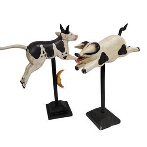 Set of 2 Flying Pig & Cow Jumped Over Moon Carved Wood Figurines Folk Art Vtg?